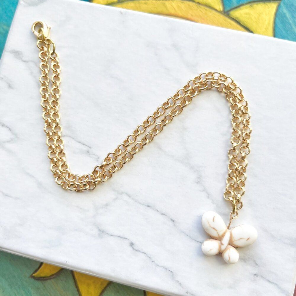 White Butterfly Charm Gold Chain Necklace